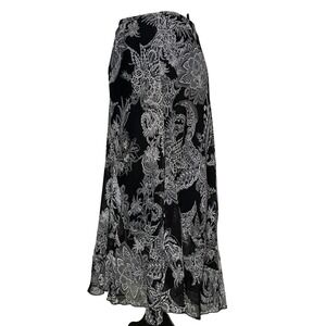 JKLA California Womens Maxi Skirt XL Black White Paisley Flowy Boho Whimsy Light
